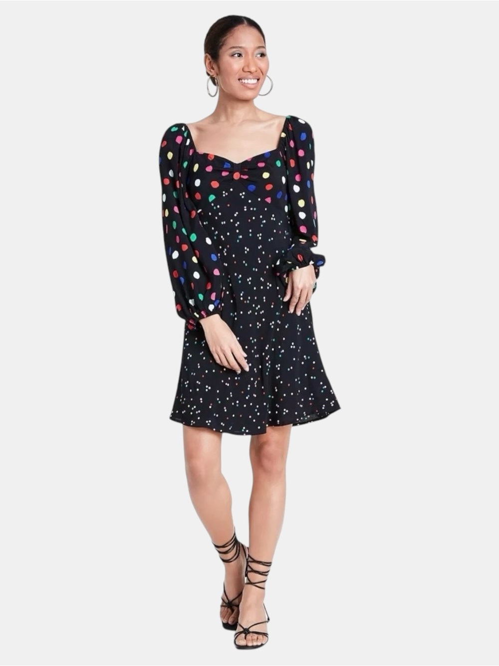 RIXO Black Multicolor Polka Dot Puff Sleeve Mini Dress‎ Coquette Cottage Paris 0